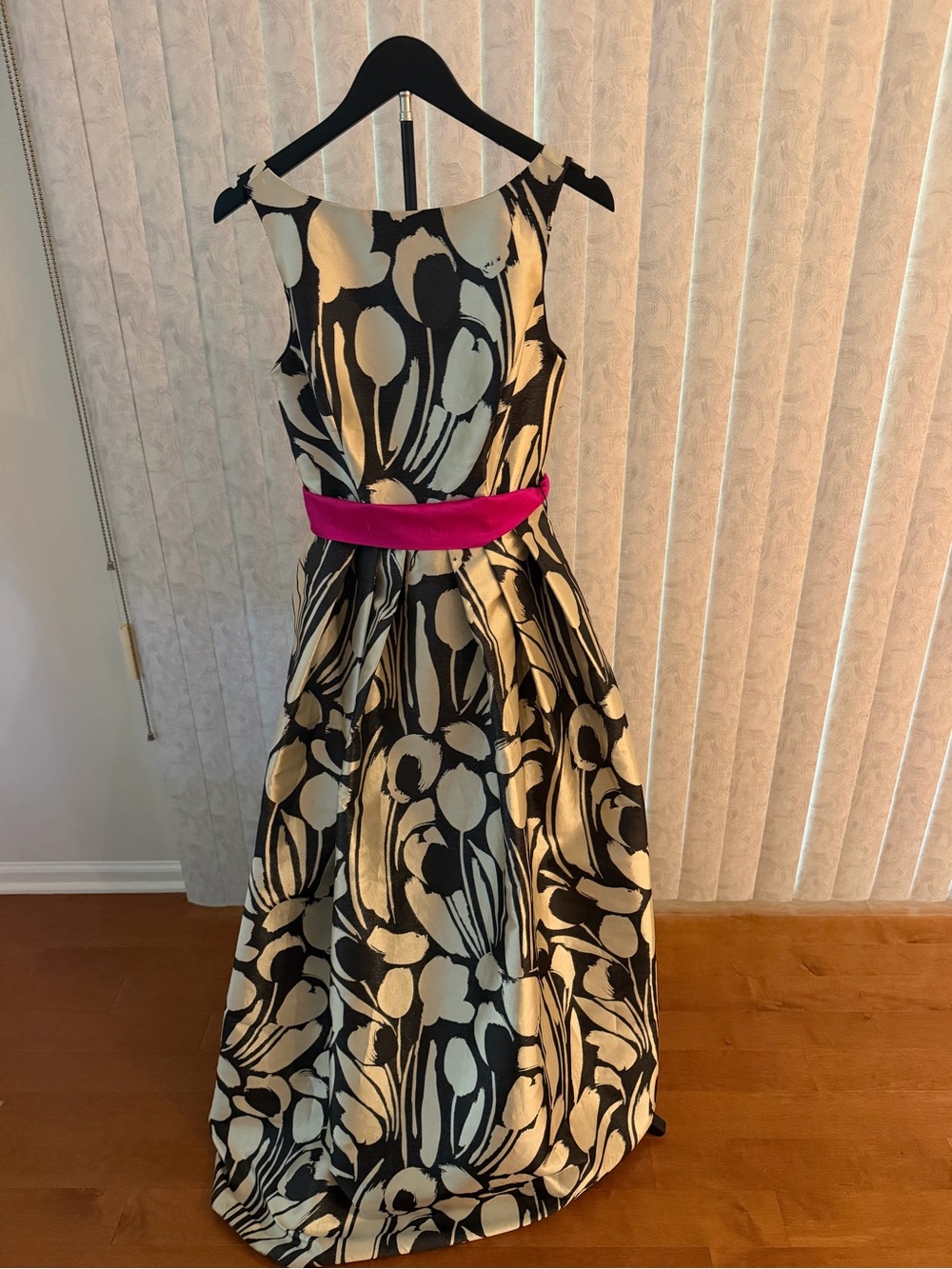 Black and Cream Floral Women’s Dress with Pink Sash (Worn Once)